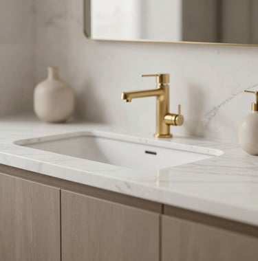 A detailed close-up of premium interior finishes: a white marble countertop with subtle gray veining, accented by a muted gold faucet and a small ceramic vase. The style is clean, modern, and high-end. Palette: #F8F4ED and #AA8A6B.