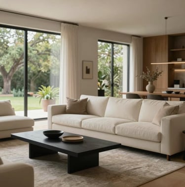 A high-end modern living room interior in Austin. Features a plush cream-colored sofa, a minimalist black coffee table, and large windows showing a glimpse of manicured Texas greenery. The lighting is bright and natural, highlighting textures of wood and linen. Palette: #F8F4ED, #CFC8BE, #1A1A1A.