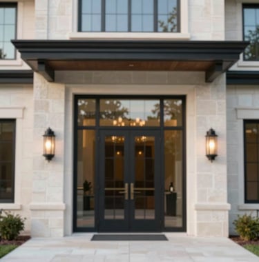 A grand entrance of a luxury residence in Round Rock, featuring tall glass doors, black metal frames (#1A1A1A), and stone masonry. Symmetrical and striking composition.