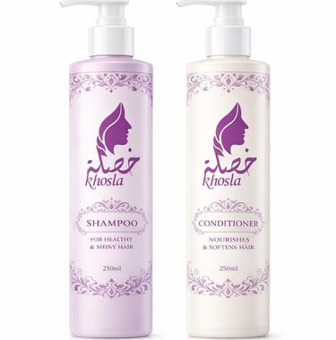 Khosla moisturizing shampoo and conditioner bottles for healthy, shiny, and soft hair.