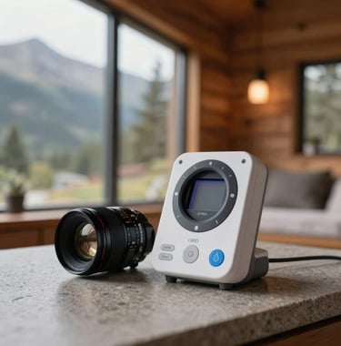 Close-up of a high-end, biological monitoring device resting on a clean stone surface inside a modern mountain cabin. Soft, diffuse light, North American / Western setting, evoking scientific precision and holistic health.