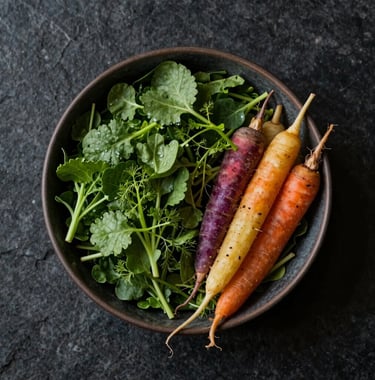 Top-down professional food photography of a bowl of nutrient-dense greens and vibrant root vegetables on a dark stone surface. The lighting is moody and precise, highlighting textures of natural ingredients.