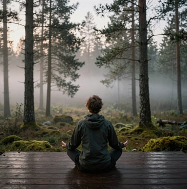A serene, moody photograph of a person practicing mindfulness on a wooden deck overlooking a pine forest at sunrise. Soft moss and pale mist color palette. North American / Western context.