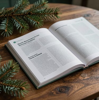 A close-up of a scientific journal lying open on a wooden table next to a sprig of pine. The scene is sophisticated and grounded, using deep forest green and pale mist tones. North American interior design.