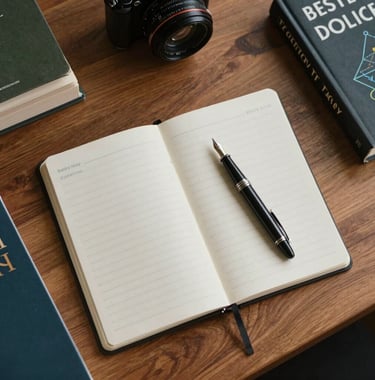 A top-down view of a cedar desk with a notebook and high-end fountain pen, surrounded by books on biology and systems theory. Sophisticated, intellectual atmosphere. North American / Western style.