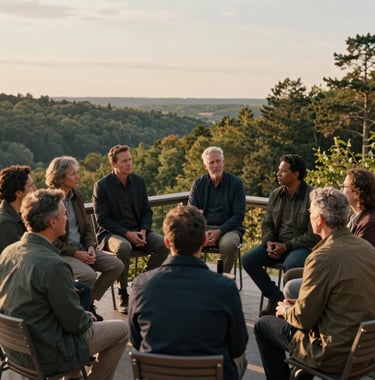 A wide photography shot of a group of North American adults in high-end outdoor attire, engaged in a focused discussion on a terrace overlooking a forested valley. Evening golden hour light, mood of intellectual depth and grounded serenity.