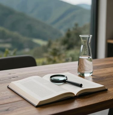 A sophisticated North American mountain retreat interior. A large wooden table holds a scientific journal and a magnifying glass next to a minimalist carafe of water. Sharp focus, intellectual mood, natural lighting, palette of dark green and off-white.