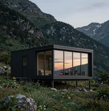A high-altitude, minimalist cabin nestled into a mountainside, featuring large glass windows reflecting a sunset of soft greens and greys. The atmosphere is quiet, sophisticated, and grounded in nature. North American / Western architecture.