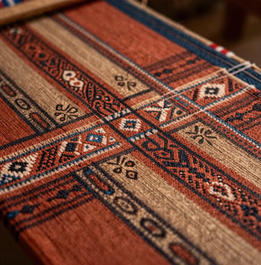 Close-up photography of South American artisanal weaving. Rich textures in earth tones like terracotta and tan. The focus is sharp on the intricate patterns, reflecting cultural depth and heritage.