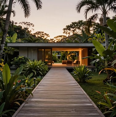 A minimalist wooden walkway leading through a dense tropical garden toward a modern boutique villa at sunset, soft warm lighting, South American / Brazilian architecture.