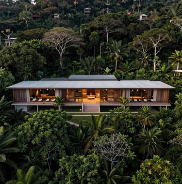Wide aerial shot of a minimalist luxury eco-boutique hotel in the heart of the Brazilian nature. Sustainable architecture, dark green foliage, serene morning atmosphere.