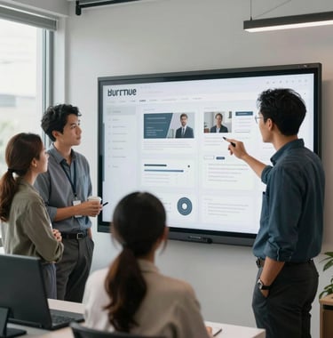 A collaborative team of diverse professionals in a bright US office looking at a large digital whiteboard displaying website wireframes, optimistic and professional atmosphere, daylight through windows.