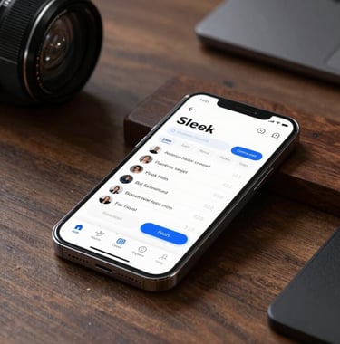 Sleek mobile app interface mockup shown on an smartphone resting on a designer desk, professional studio lighting.