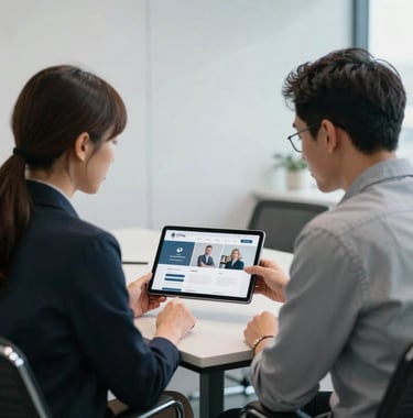 A professional lifestyle photograph of two creative professionals in a North American corporate meeting room. They are looking at a tablet displaying a sleek web interface design. The environment is clean and professional with white walls and soft blue accents.