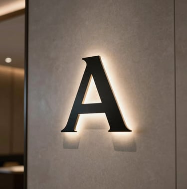 A minimalist corporate logo displayed on a backlit signage wall in a sleek, modern North American hotel lobby.