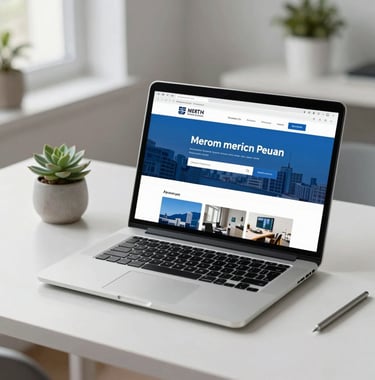 A sleek silver laptop on a minimalist desk displaying a clean, professional corporate website with blue accents, a small succulent plant nearby, bright and modern North American home office atmosphere.
