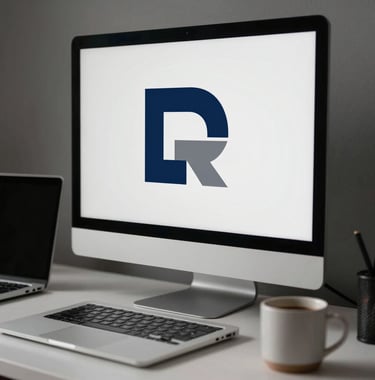 A detailed close-up of a designer's desk in a North American studio. A high-resolution monitor displays a minimalist logo design with navy blue and slate gray geometric shapes. Beside the monitor is a sleek silver laptop and a ceramic coffee mug on a white surface.