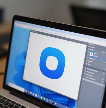 Close-up of a high-resolution computer screen showing a minimalist and modern logo being designed in a professional software interface, vibrant blue and white color palette, professional studio setting in the background.
