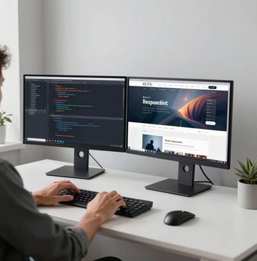 A high-quality photograph of a modern workspace in North America. A developer is working on a dual-monitor setup showing clean code and a responsive website layout. The room is filled with soft natural light and features minimalist decor in shades of white and light gray.