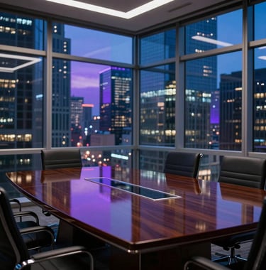 A cinematic shot of a modern, glass-walled conference room in a North American skyscraper at night. Reflections of city lights in shades of purple and blue dance on the polished table. High-trust, elite atmosphere. North American / US.
