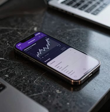 A high-end photography shot of a sleek, dark-toned smartphone on a reflective black marble surface. The screen displays a sophisticated financial dashboard with violet and grey accents. North American / US office setting.