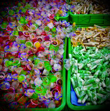 Assorted colorful mini fruit jelly cups and wrapped chewy candies in green plastic bins.