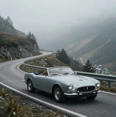 A high-angle shot of a classic convertible driving through a scenic Alpine pass with winding roads. The landscape is misty and elegant. Photography style is cinematic and premium, utilizing #A6A6A8 muted tones.