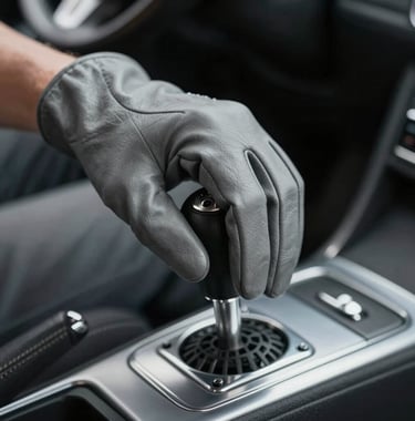 Detail of a driver's hand in a leather driving glove resting on a vintage gear shifter. Elegant, nostalgic, yet modern automotive photography style. Uses #CECECE and #272635.