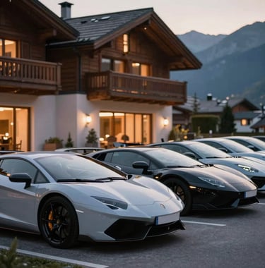 A row of modern supercars parked outside a luxurious Alpine chalet at twilight. The warm interior lights of the chalet reflect on the polished car bodies. Refined luxury lifestyle scene, incorporating #CECECE and #272635.