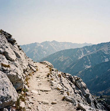 High-altitude photography of a hiking trail winding through limestone mountains in Southern Europe. Muted blue mountains in the distance, clear off-white sky, adventurous atmosphere.