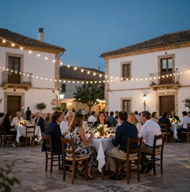 Candid shot of people enjoying an outdoor dinner in a Southern European village square at dusk. String lights glowing in off-white, muted blue shadows, festive and sophisticated atmosphere.
