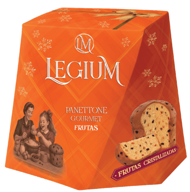 O Panettone Gourmet Legium é recheado com frutas cristalizadas selecionadas e uvas-passas.