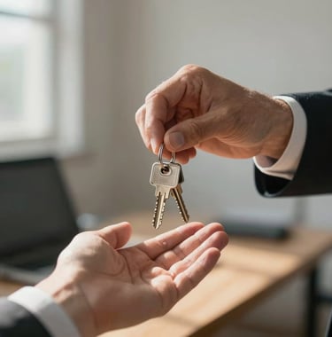 A close-up photograph of a professional handing over a set of modern keys to a client, captured in a sunlit interior space. The focus is on the human connection and the successful deal-making interaction.