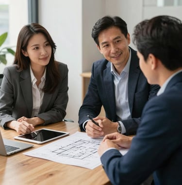 A medium shot of two professionals in an international office setting engaged in a warm client consultation, with architectural blueprints and a tablet on a clean wooden desk. Natural light highlights the collaborative and trustworthy mood.