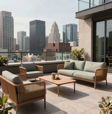 A sunlit rooftop patio of a modern penthouse overlooking an International city. The space is styled with high-quality outdoor furniture in Warm Tan and Soft Sage tones.