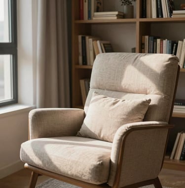 A cozy, sun-drenched reading nook in a modern home, featuring a comfortable armchair and a bookshelf. The lighting is soft and human, creating an approachable and warm mood.
