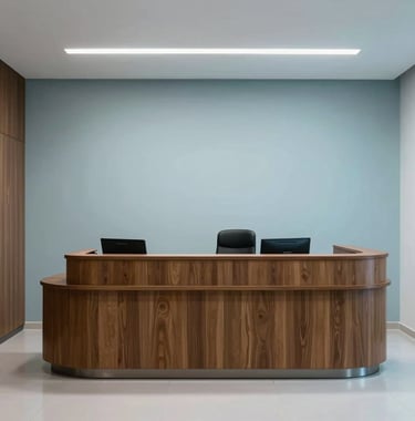 A wide shot of a clean, minimalist reception area in a Brazilian law office, featuring wood accents and soft blue lighting.