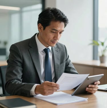 A professional South American consultant in a tailored suit reviewing legal files on a tablet, sitting in a bright, contemporary office environment.