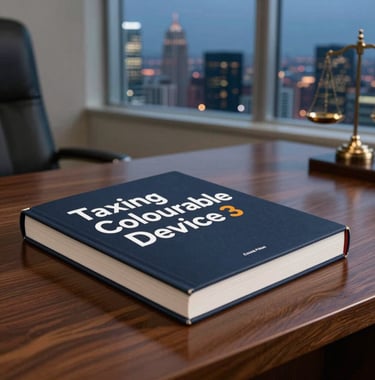 An editorial close-up shot of the book 'Taxing Colourable Device' placed on a high-gloss mahogany desk in a premium South Asian law office. In the background, a blurred window shows the financial district skyline at dusk under deep navy skies.