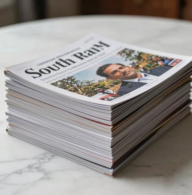Professional studio photography of a stack of leading South Asian financial journals and legal reviews on a white marble surface with soft natural lighting.