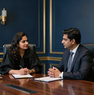 A sharp, medium-shot photograph capturing a moment of scholarly exchange between two legal professionals in a sophisticated boardroom. The setting reflects an elite South Asian environment with midnight navy walls and soft metallic gold accents.