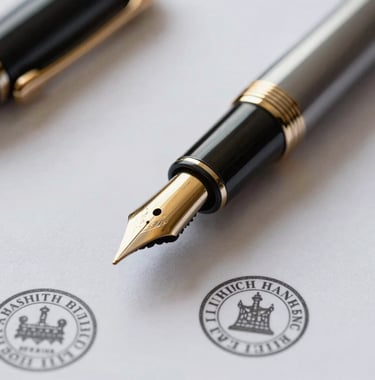 Close-up of a high-end fountain pen with a gold nib resting on a document with official legal seals in a South Asian law office setting.