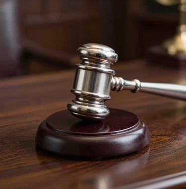 A close-up of a silver Gavel resting on its block on a dark, polished wood table. The scene is set in a prestigious South Asian / Indian courtroom, emphasizing authority and the finality of law. Metallic textures and cool slate lighting.