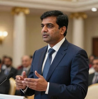 A crisp, professional photograph of a distinguished South Asian legal expert in a sharp navy suit, speaking authoritatively at a high-profile tax seminar. The background is a soft-focus, luxury ballroom with elegant ivory pillars and warm lighting.