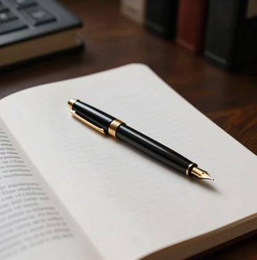 A minimalist, high-contrast shot of a fountain pen resting on an open page of a legal document. The lighting is focused and warm, with gold accents on the pen and a professional South Asian / Indian office setting in the background.