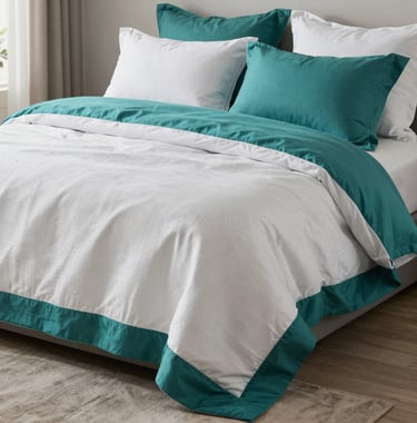 A premium lifestyle shot of high-quality white and teal home textiles arranged in a luxurious South Asian / Indian modern interior, with soft natural light highlighting the fine thread count and texture.