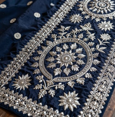 A detailed close-up of intricate traditional Indian embroidery on high-fashion ethnic wear, featuring silver threads against a deep navy background, showcasing ultra-premium craftsmanship.