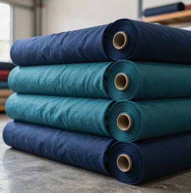 Detailed photography of high-quality navy blue and teal fabric rolls stacked neatly in a clean, modern warehouse in a South Asian / Indian setting, with soft natural light highlighting the premium textures.