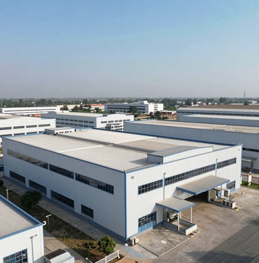 An aerial view of a state-of-the-art textile manufacturing plant in Surat, with clean architectural lines and a professional industrial aesthetic under a bright, clear sky.