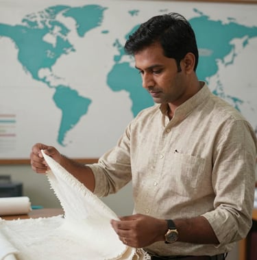 A professional South Asian / Indian export specialist in modern attire inspecting a sample of fine cotton fabric against a backdrop of a global shipping map with teal accents.